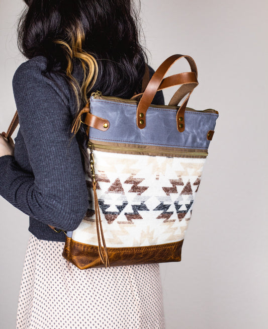Convertible Tote in Waxed Canvas, Leather and Aztec