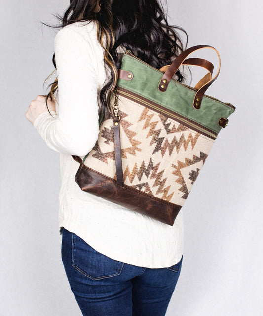 Convertible Tote in Waxed Canvas, Leather & Aztec